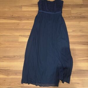 David's Bridal Lace Bodice Strapless Navy Maxi Dress